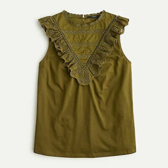 J. Crew Tops - J Crew Moss Green Eyelet Cotton Ruffle Front Tank Top M
